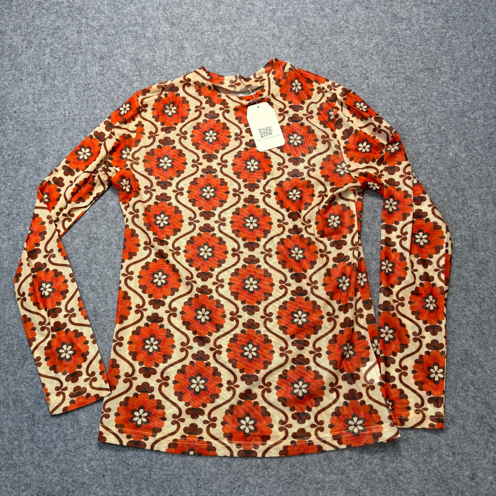 Women's Lil Bee's Bohemian Orange Cream Retro Floral Graphic Sheer Top Sz M New — image 7 of 8